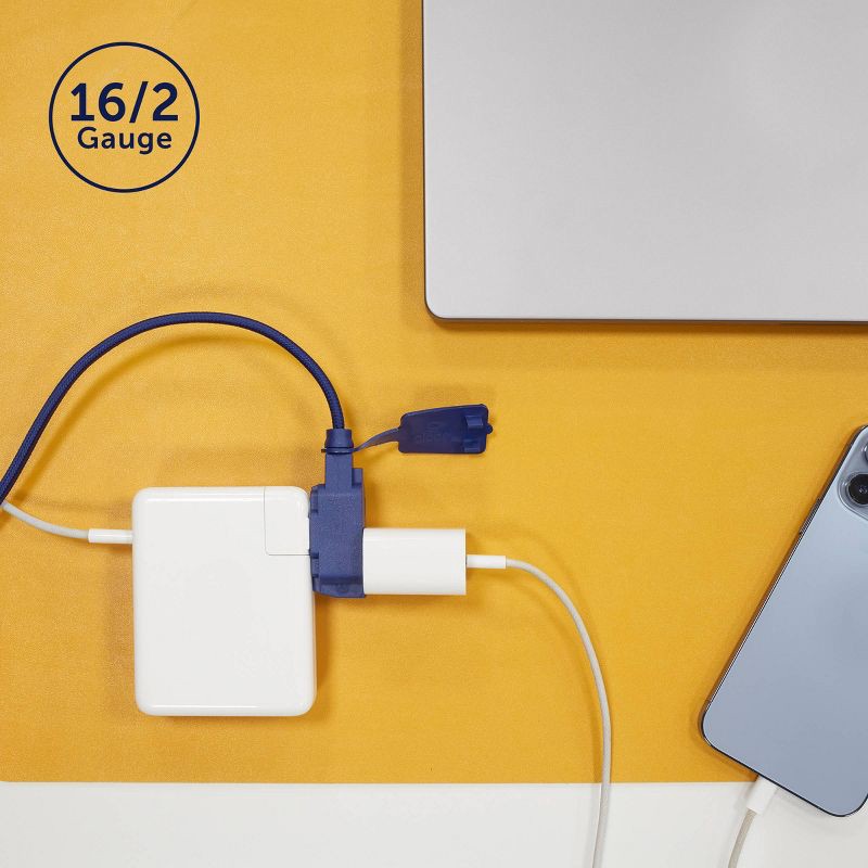 slide 5 of 10, Globe Electric 9' Fabric Extension Cord with 3 Polarized Outlets, Navy: Indoor Electrical Cord, 16 AWG, 9ft Length, 9 ft