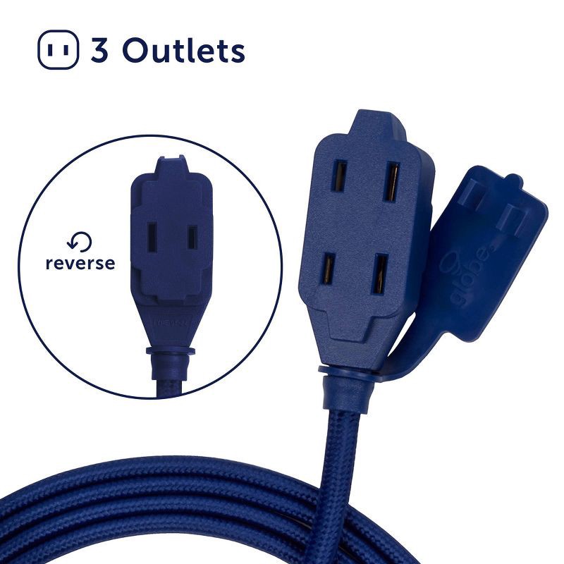 slide 7 of 10, Globe Electric 9' Fabric Extension Cord with 3 Polarized Outlets, Navy: Indoor Electrical Cord, 16 AWG, 9ft Length, 9 ft