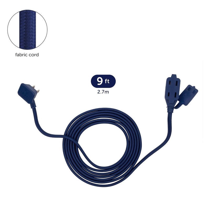 slide 9 of 10, Globe Electric 9' Fabric Extension Cord with 3 Polarized Outlets, Navy: Indoor Electrical Cord, 16 AWG, 9ft Length, 9 ft
