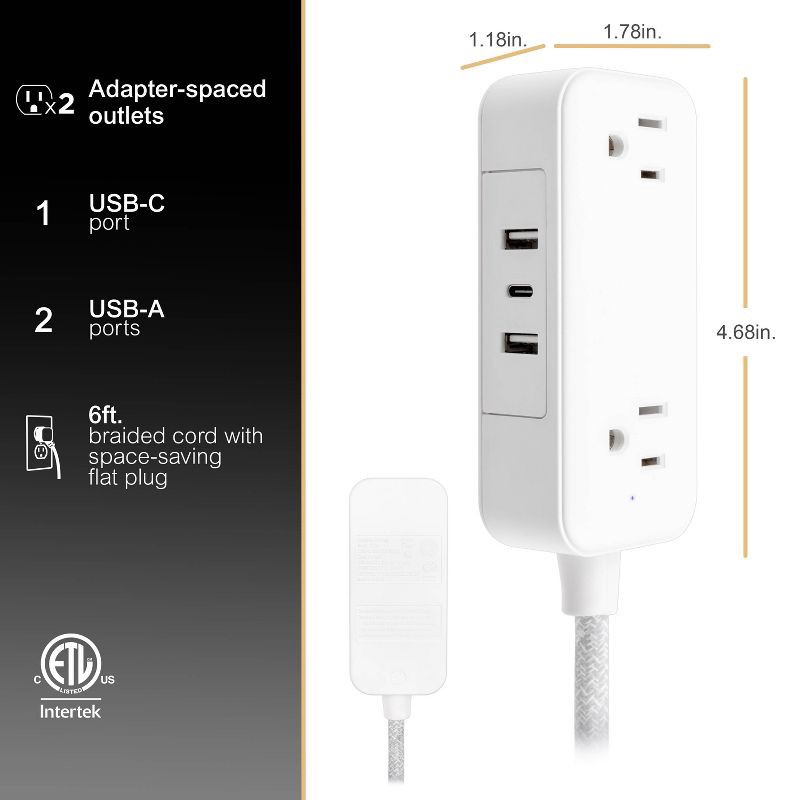 slide 12 of 12, General Electric GE 2-Outlet Extension Cord 2 USB-A 1 USB-C 12W 6' Braided White/Gray: Flat Plug, USB Charging, 16 AWG, 6ft Length, 6 ft