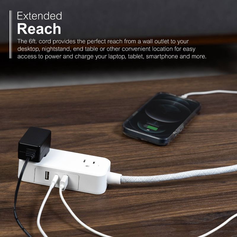 slide 10 of 12, General Electric GE 2-Outlet Extension Cord 2 USB-A 1 USB-C 12W 6' Braided White/Gray: Flat Plug, USB Charging, 16 AWG, 6ft Length, 6 ft
