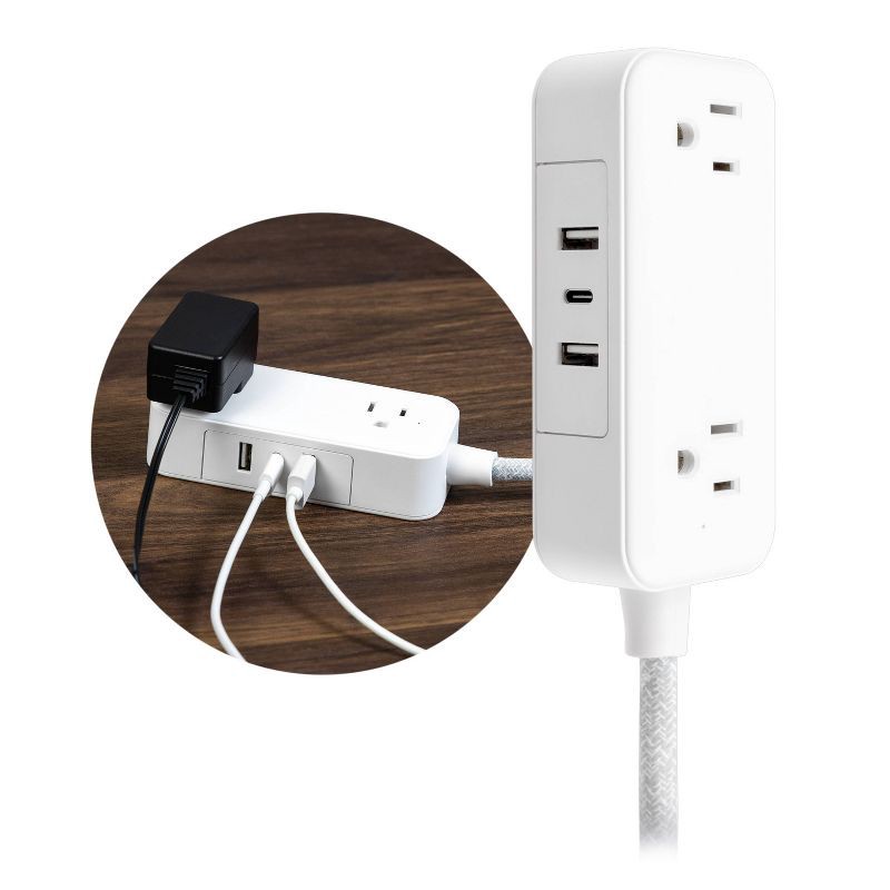 slide 11 of 12, General Electric GE 2-Outlet Extension Cord 2 USB-A 1 USB-C 12W 6' Braided White/Gray: Flat Plug, USB Charging, 16 AWG, 6ft Length, 6 ft