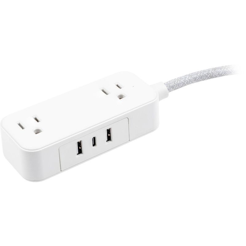 slide 1 of 12, General Electric GE 2-Outlet Extension Cord 2 USB-A 1 USB-C 12W 6' Braided White/Gray: Flat Plug, USB Charging, 16 AWG, 6ft Length, 6 ft