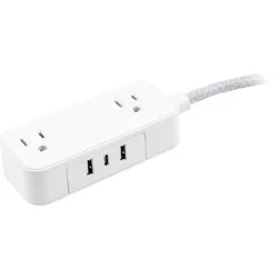 General Electric GE 2-Outlet Extension Cord 2 USB-A 1 USB-C 12W 6' Braided White/Gray: Flat Plug, USB Charging, 16 AWG, 6ft Length
