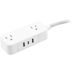 General Electric GE 2-Outlet Extension Cord 2 USB-A 1 USB-C 12W 6' Braided White/Gray: Flat Plug, USB Charging, 16 AWG, 6ft Length