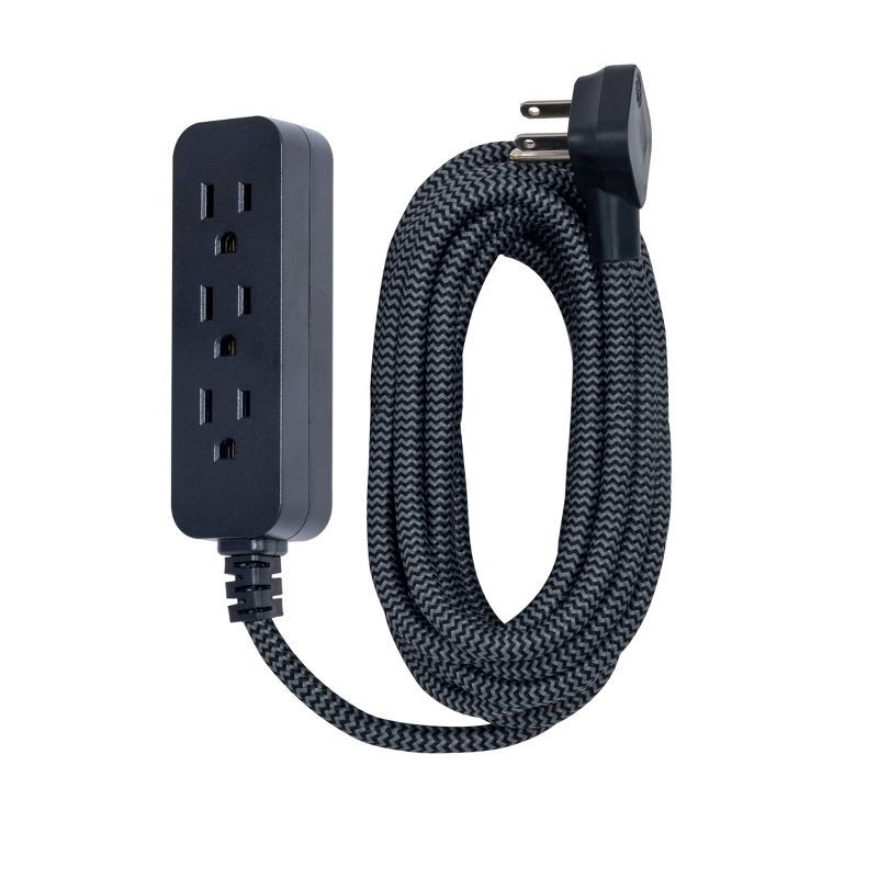slide 2 of 14, General Electric GE 3-Outlet Extension Cord 15' Braided Cord Black/Gray: Indoor Flat Plug, 16 AWG, 13 Amps, Lifetime Warranty, 1 ct