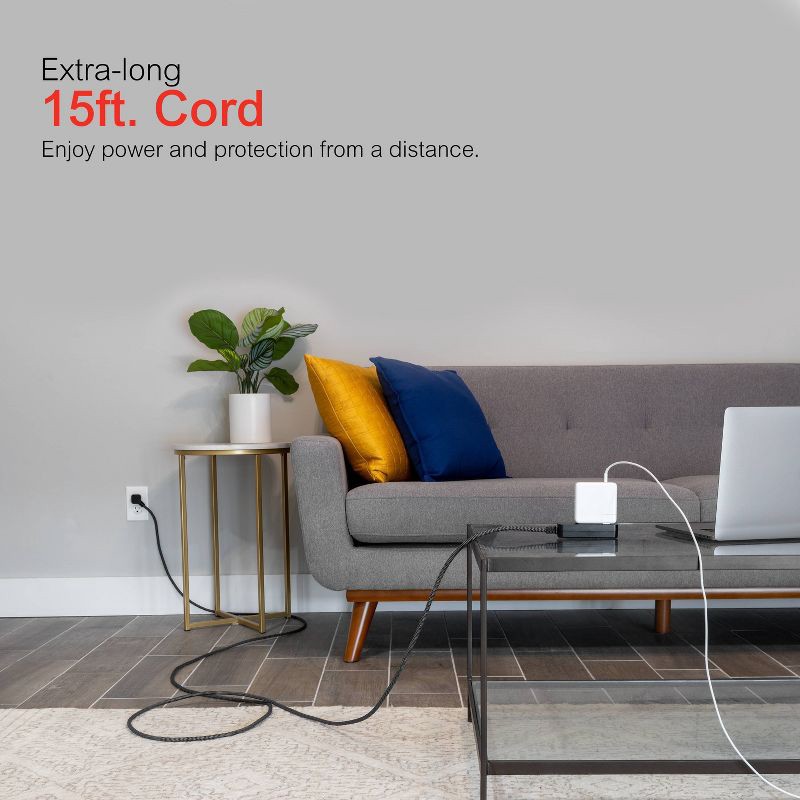 slide 12 of 14, General Electric GE 3-Outlet Extension Cord 15' Braided Cord Black/Gray: Indoor Flat Plug, 16 AWG, 13 Amps, Lifetime Warranty, 1 ct