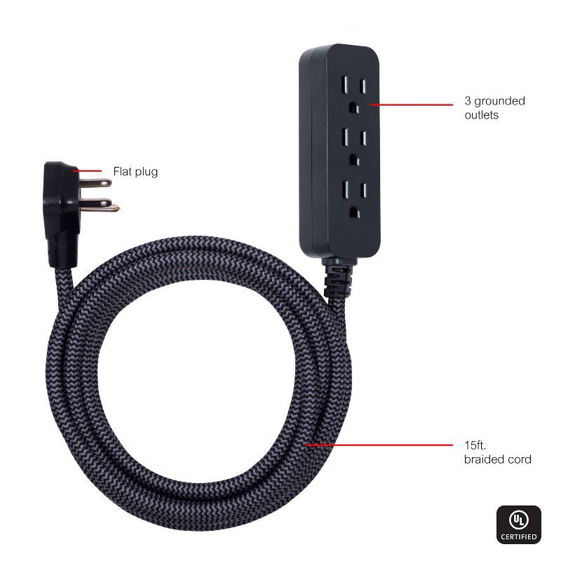 slide 8 of 14, General Electric GE 3-Outlet Extension Cord 15' Braided Cord Black/Gray: Indoor Flat Plug, 16 AWG, 13 Amps, Lifetime Warranty, 1 ct