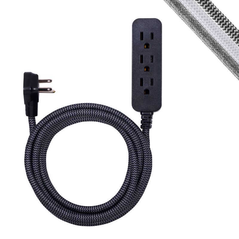 slide 9 of 14, General Electric GE 3-Outlet Extension Cord 15' Braided Cord Black/Gray: Indoor Flat Plug, 16 AWG, 13 Amps, Lifetime Warranty, 1 ct