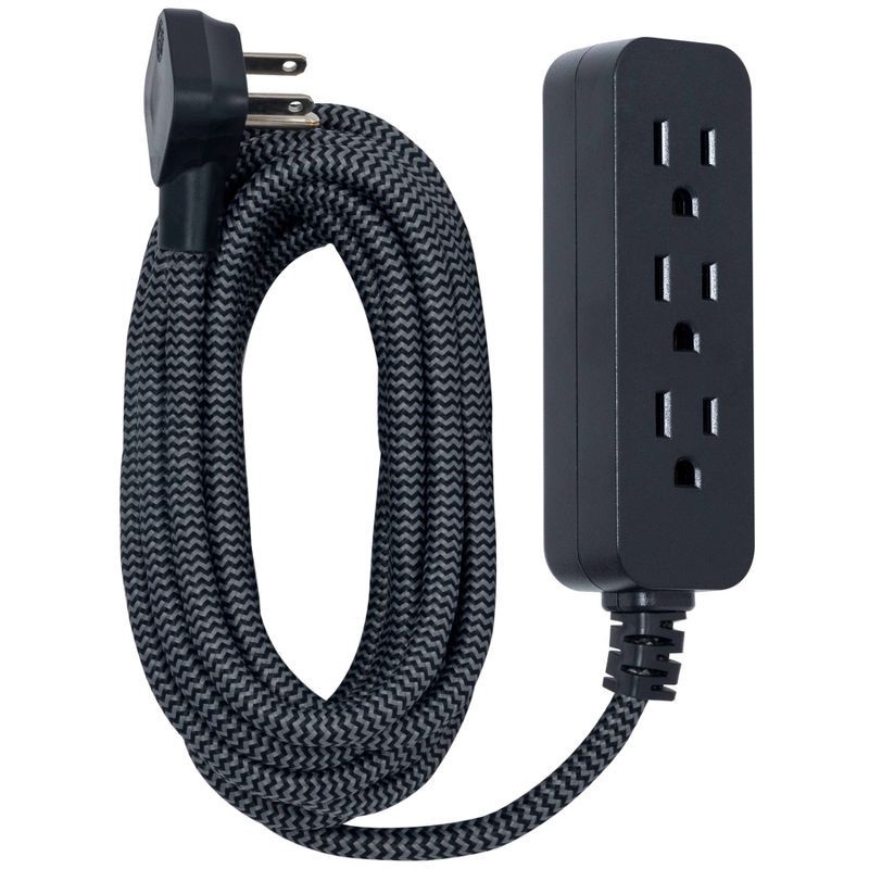 slide 1 of 14, General Electric GE 3-Outlet Extension Cord 15' Braided Cord Black/Gray: Indoor Flat Plug, 16 AWG, 13 Amps, Lifetime Warranty, 1 ct