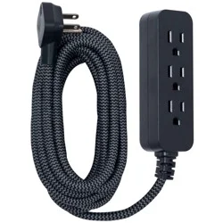 General Electric GE 3-Outlet Extension Cord 15' Braided Cord Black/Gray: Indoor Flat Plug, 16 AWG, 13 Amps, Lifetime Warranty
