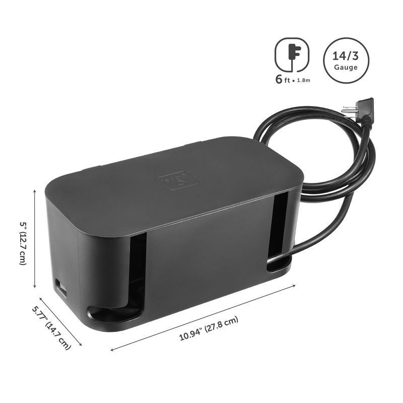 slide 11 of 11, Globe Electric Cord Management Box Black: Cable Organizer & Cord Hider, 5" H x 10.94" D x 5.77" W, 1 ct