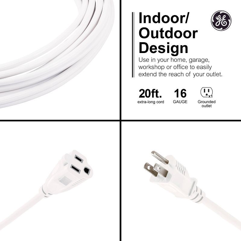 slide 2 of 8, General Electric GE 1-Outlet Grounded Extension Cord Outdoor 16AWG 20' White, 1 ct