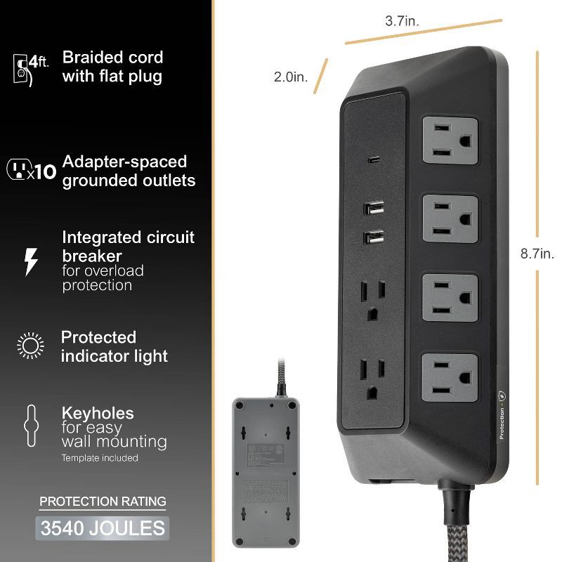 slide 6 of 11, General Electric GE 10-Outlet Surge Protector 2 USB-A and 1 USB-C 3540J 4' Braided Cord Black: Extension Cord & Outlet Extender, 1 ct