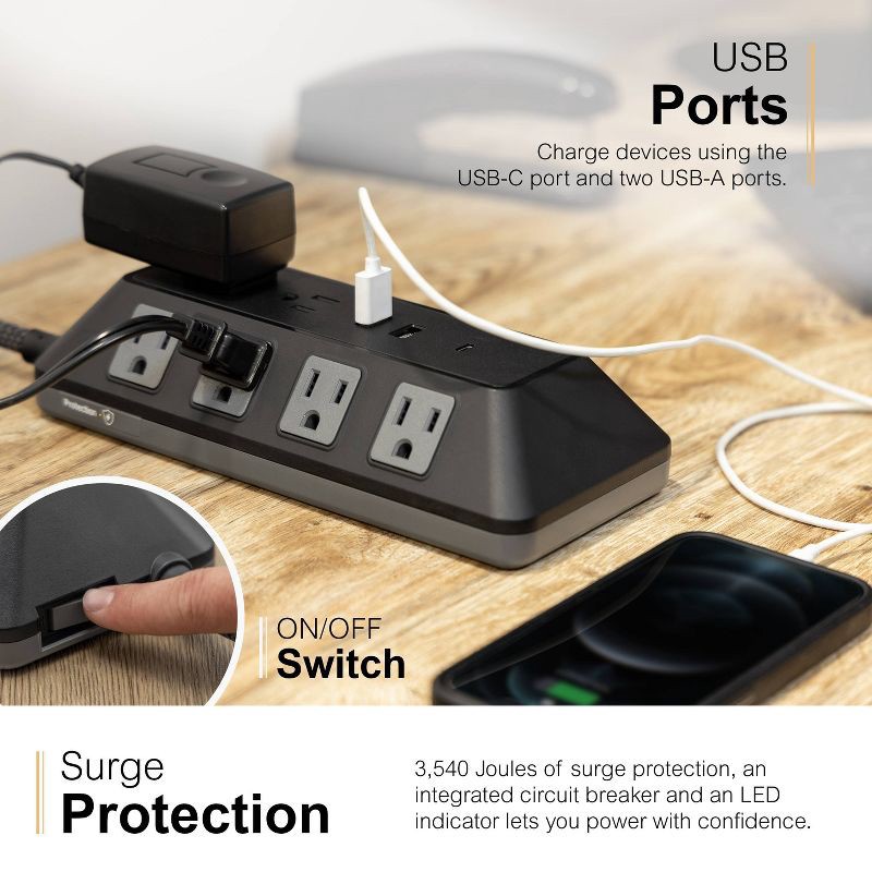 slide 3 of 11, General Electric GE 10-Outlet Surge Protector 2 USB-A and 1 USB-C 3540J 4' Braided Cord Black: Extension Cord & Outlet Extender, 1 ct