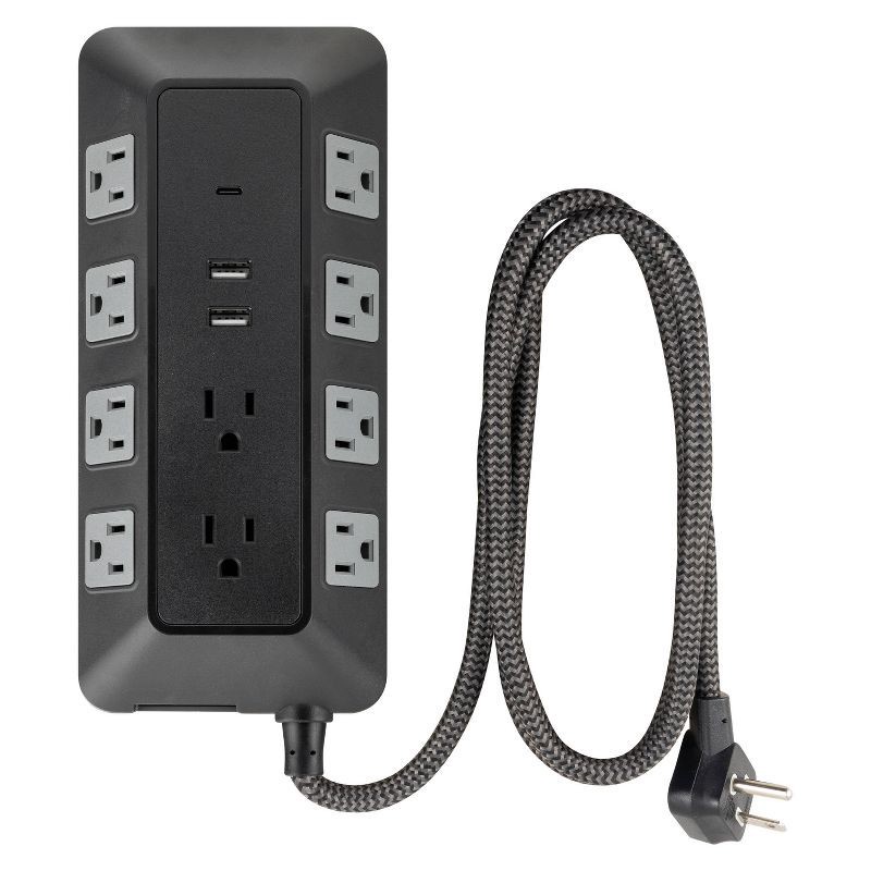 slide 1 of 11, General Electric GE 10-Outlet Surge Protector 2 USB-A and 1 USB-C 3540J 4' Braided Cord Black: Extension Cord & Outlet Extender, 1 ct