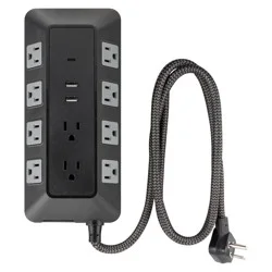 General Electric GE 10-Outlet Surge Protector 2 USB-A and 1 USB-C 3540J 4' Braided Cord Black: Extension Cord & Outlet Extender