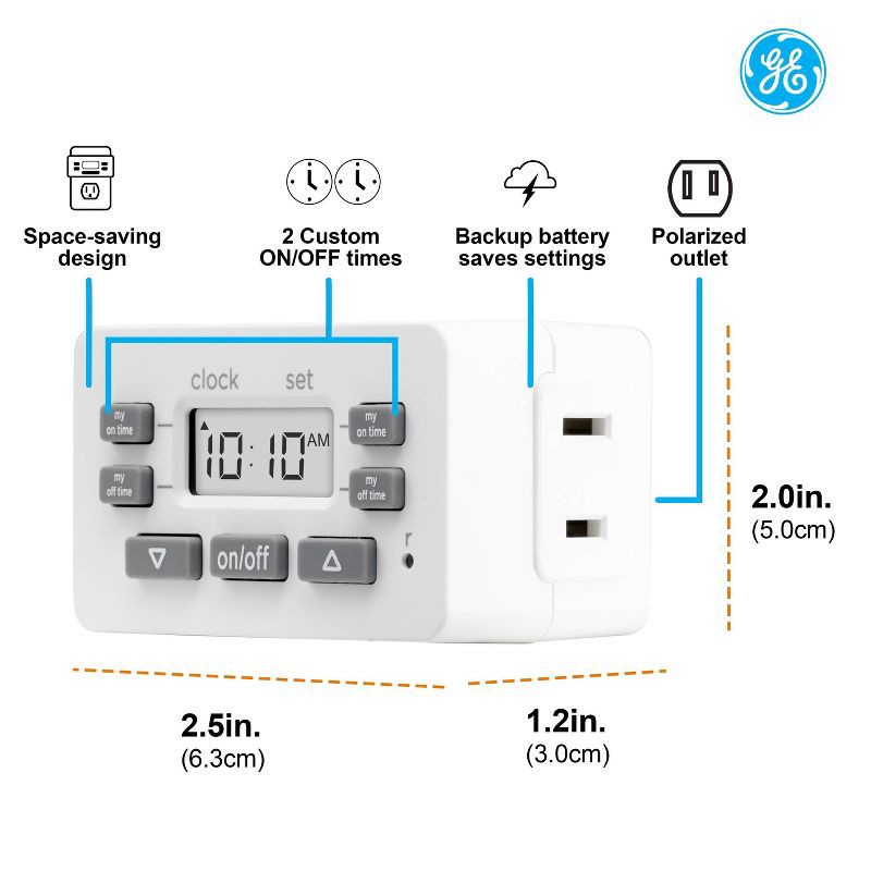 slide 2 of 7, General Electric GE myTouchSmart Simple Set Digital Bar Timer 1-Polarized Outlet 2pk: Indoor Light Timer Plug, Push Button, White, No Assembly, 2 ct