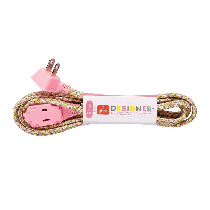 slide 8 of 10, Globe Electric 9' Fabric Extension Cord with 3 Polarized Outlets, Metallic: Indoor Flat Electrical Cord, 9ft, 16 AWG, 9 ft