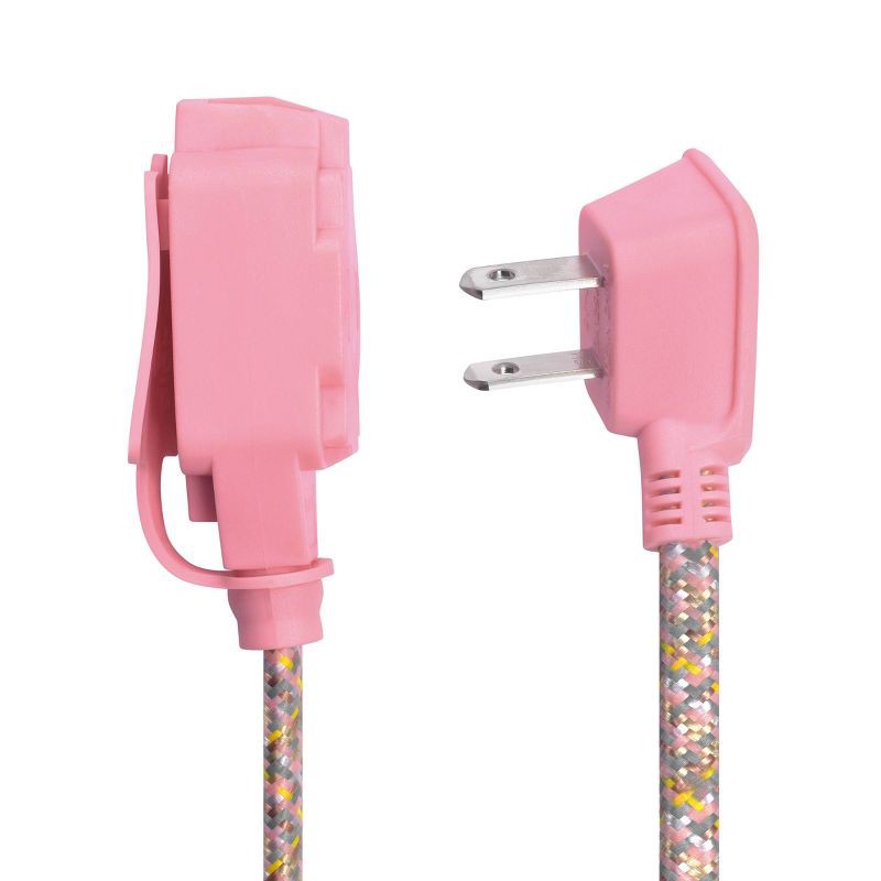 slide 7 of 10, Globe Electric 9' Fabric Extension Cord with 3 Polarized Outlets, Metallic: Indoor Flat Electrical Cord, 9ft, 16 AWG, 9 ft