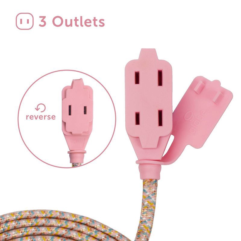 slide 6 of 10, Globe Electric 9' Fabric Extension Cord with 3 Polarized Outlets, Metallic: Indoor Flat Electrical Cord, 9ft, 16 AWG, 9 ft