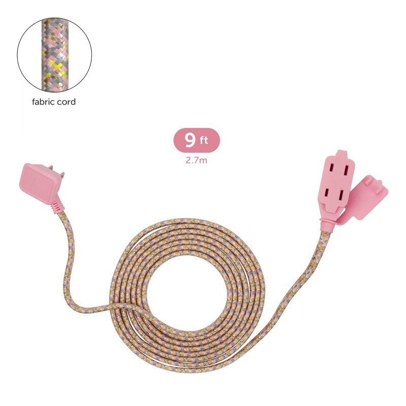 slide 9 of 10, Globe Electric 9' Fabric Extension Cord with 3 Polarized Outlets, Metallic: Indoor Flat Electrical Cord, 9ft, 16 AWG, 9 ft