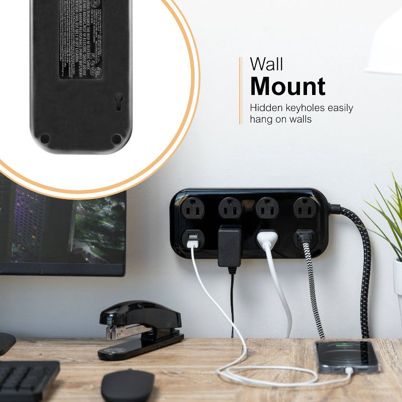 slide 2 of 9, General Electric GE 7-Outlet Surge Protector with USB 1470J 2 USB-A (2.4A) 4' Braided Cord Black: Extension Cord & Outlet Extender, 1 ct