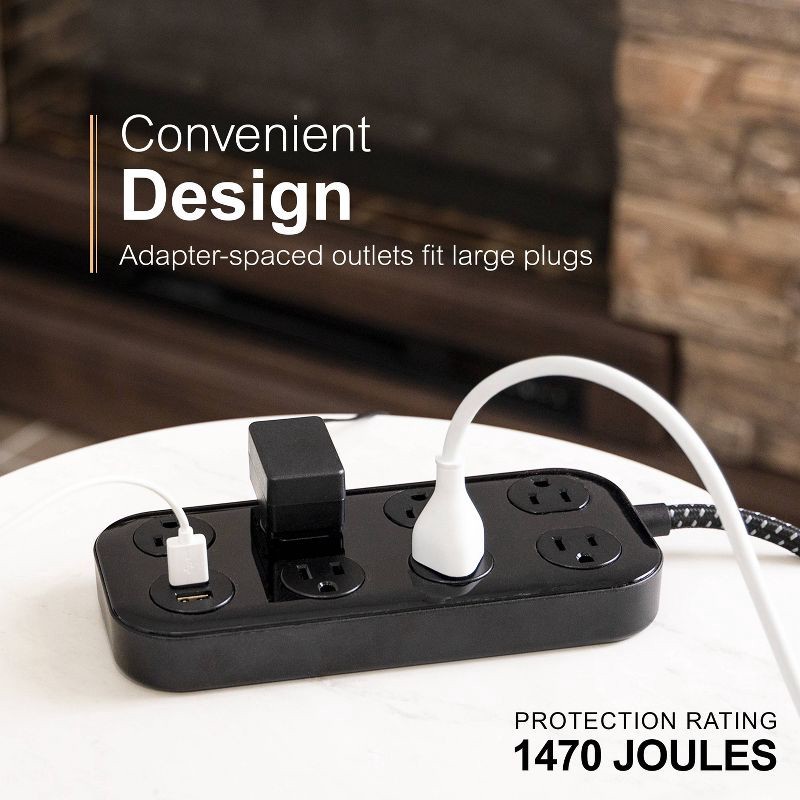 slide 3 of 9, General Electric GE 7-Outlet Surge Protector with USB 1470J 2 USB-A (2.4A) 4' Braided Cord Black: Extension Cord & Outlet Extender, 1 ct