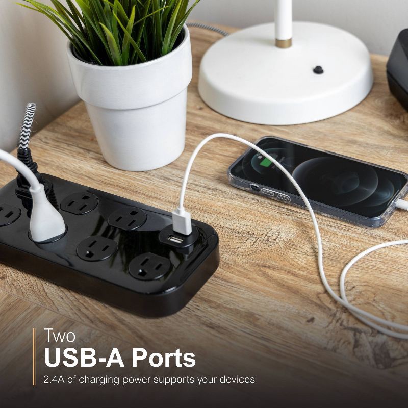 slide 4 of 9, General Electric GE 7-Outlet Surge Protector with USB 1470J 2 USB-A (2.4A) 4' Braided Cord Black: Extension Cord & Outlet Extender, 1 ct