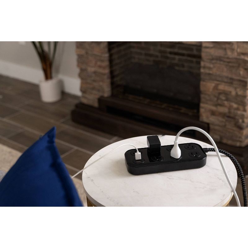 slide 7 of 9, General Electric GE 7-Outlet Surge Protector with USB 1470J 2 USB-A (2.4A) 4' Braided Cord Black: Extension Cord & Outlet Extender, 1 ct