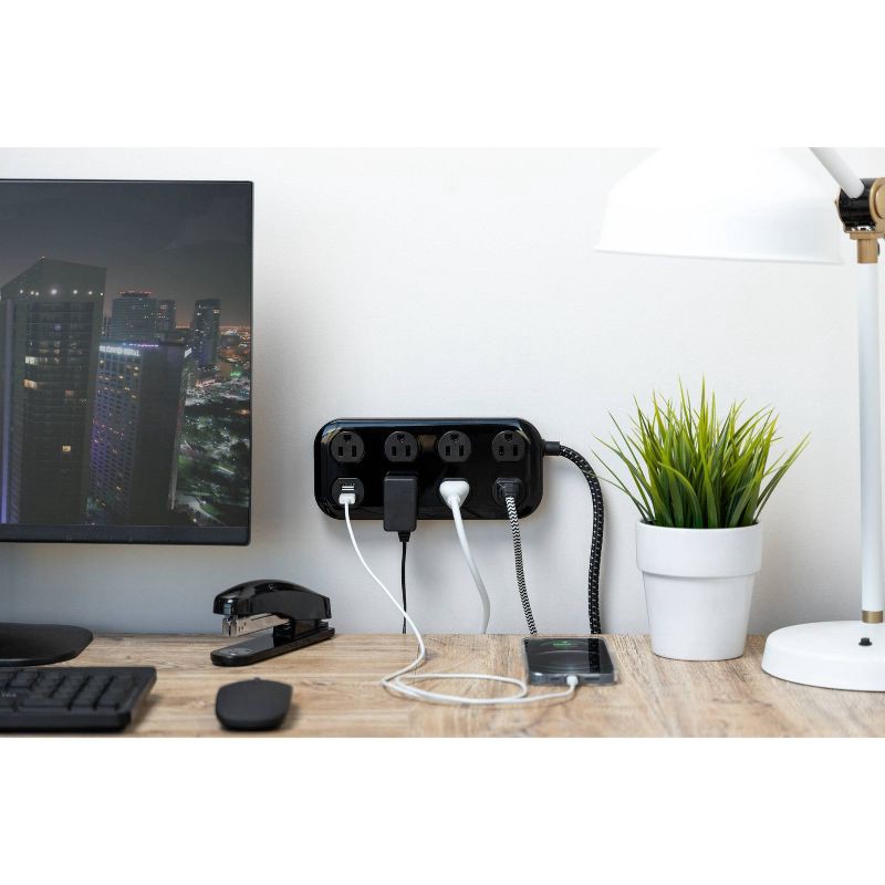 slide 8 of 9, General Electric GE 7-Outlet Surge Protector with USB 1470J 2 USB-A (2.4A) 4' Braided Cord Black: Extension Cord & Outlet Extender, 1 ct