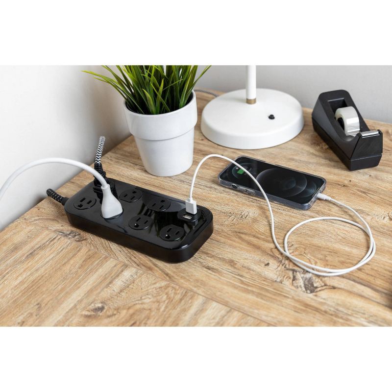 slide 9 of 9, General Electric GE 7-Outlet Surge Protector with USB 1470J 2 USB-A (2.4A) 4' Braided Cord Black: Extension Cord & Outlet Extender, 1 ct