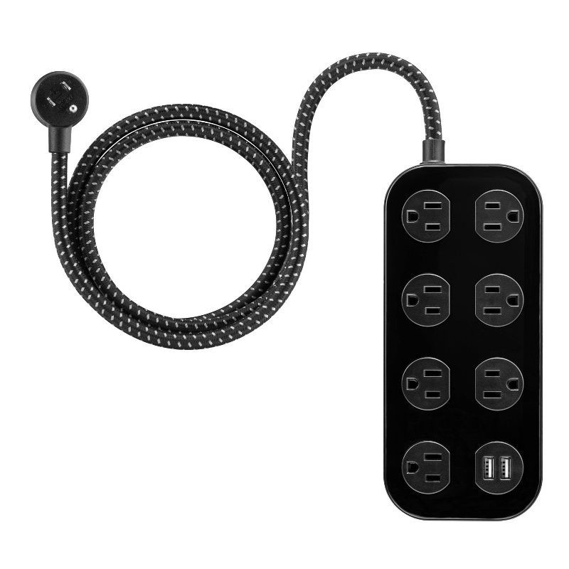 slide 1 of 9, General Electric GE 7-Outlet Surge Protector with USB 1470J 2 USB-A (2.4A) 4' Braided Cord Black: Extension Cord & Outlet Extender, 1 ct