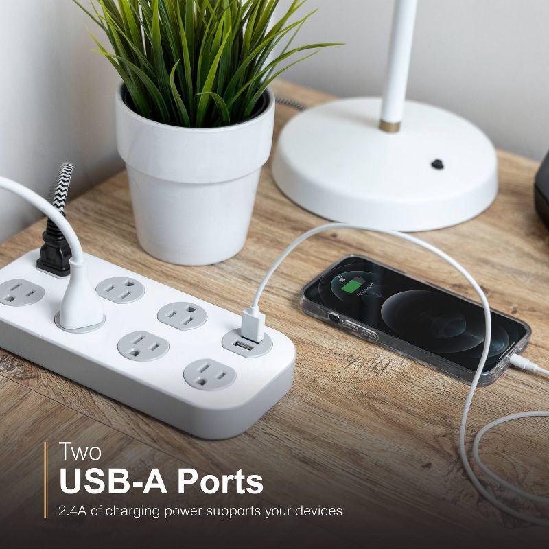 slide 12 of 14, General Electric GE 7-Outlet Surge Protector with USB 1470J 2 USB-A (2.4A) 4' Braided Cord White and Gray: Extension Cord, Outlet Extender, 1 ct
