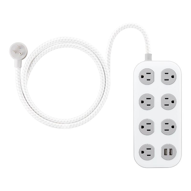 slide 1 of 14, General Electric GE 7-Outlet Surge Protector with USB 1470J 2 USB-A (2.4A) 4' Braided Cord White and Gray: Extension Cord, Outlet Extender, 1 ct