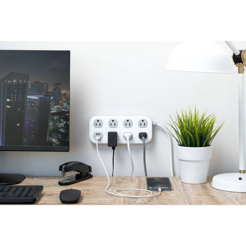 slide 8 of 14, General Electric GE 7-Outlet Surge Protector with USB 1470J 2 USB-A (2.4A) 4' Braided Cord White and Gray: Extension Cord, Outlet Extender, 1 ct
