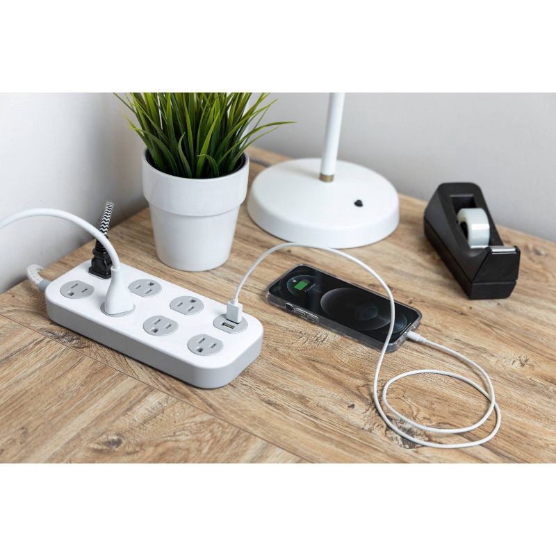 slide 9 of 14, General Electric GE 7-Outlet Surge Protector with USB 1470J 2 USB-A (2.4A) 4' Braided Cord White and Gray: Extension Cord, Outlet Extender, 1 ct