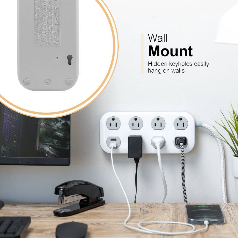 slide 10 of 14, General Electric GE 7-Outlet Surge Protector with USB 1470J 2 USB-A (2.4A) 4' Braided Cord White and Gray: Extension Cord, Outlet Extender, 1 ct