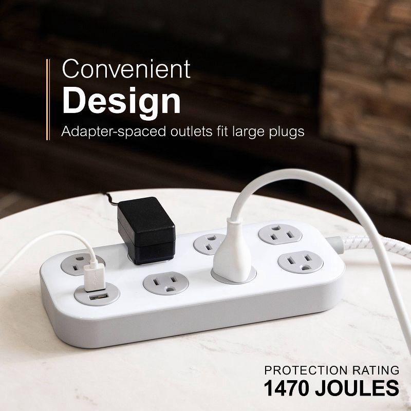slide 11 of 14, General Electric GE 7-Outlet Surge Protector with USB 1470J 2 USB-A (2.4A) 4' Braided Cord White and Gray: Extension Cord, Outlet Extender, 1 ct