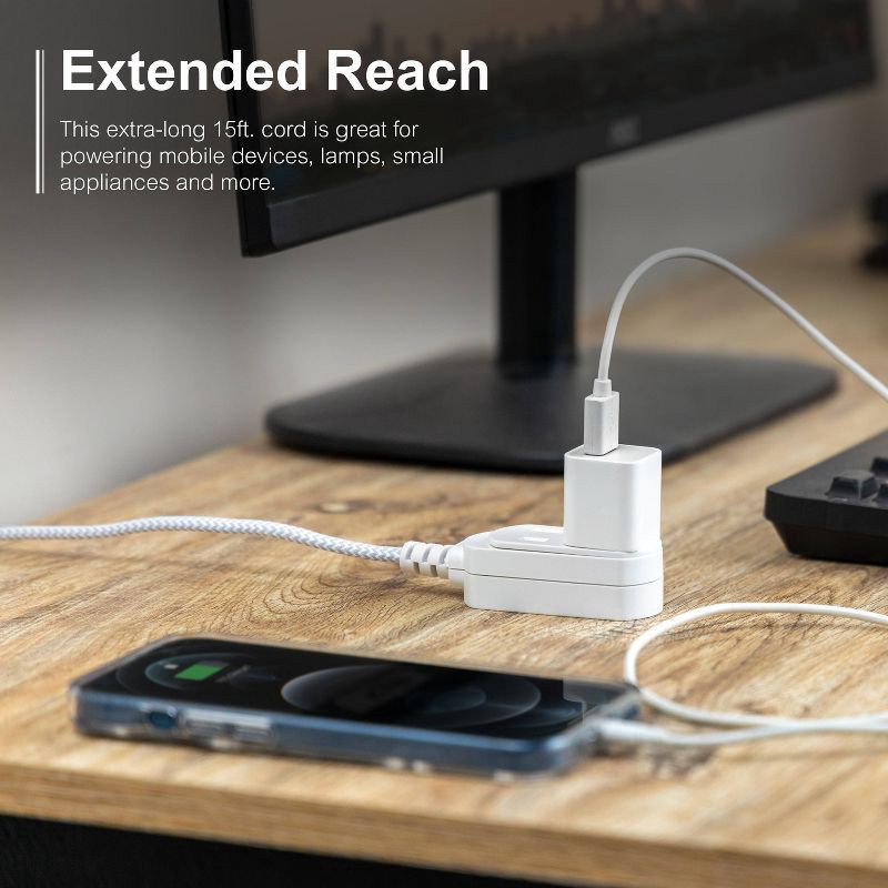 slide 6 of 6, General Electric GE 3-Outlet Polarized Extension Cord 15' Braided White/Gray, 1 ct