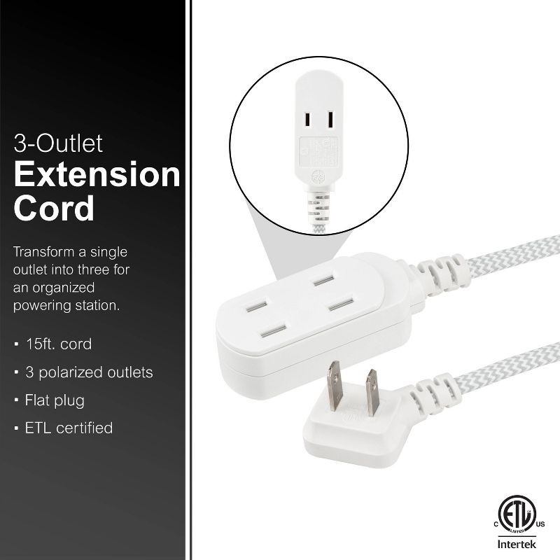 slide 2 of 6, General Electric GE 3-Outlet Polarized Extension Cord 15' Braided White/Gray, 1 ct