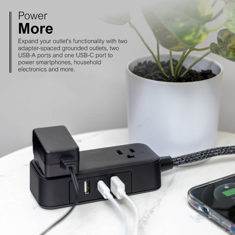 slide 12 of 13, General Electric GE 2-Outlet Extension Cord 2 USB-A 1 USB-C 12W 6' Braided Black: Lifetime Warranty, 1625W, 13A, 16 AWG, 6' Cord, 1 ct