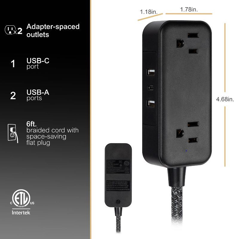 slide 13 of 13, General Electric GE 2-Outlet Extension Cord 2 USB-A 1 USB-C 12W 6' Braided Black: Lifetime Warranty, 1625W, 13A, 16 AWG, 6' Cord, 1 ct