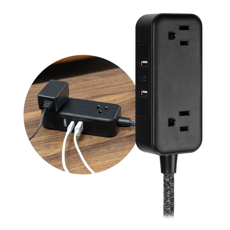 slide 10 of 13, General Electric GE 2-Outlet Extension Cord 2 USB-A 1 USB-C 12W 6' Braided Black: Lifetime Warranty, 1625W, 13A, 16 AWG, 6' Cord, 1 ct