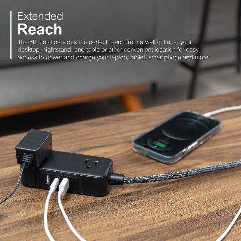 slide 11 of 13, General Electric GE 2-Outlet Extension Cord 2 USB-A 1 USB-C 12W 6' Braided Black: Lifetime Warranty, 1625W, 13A, 16 AWG, 6' Cord, 1 ct