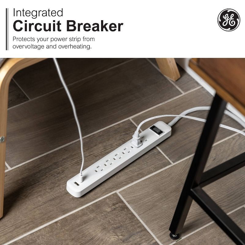 slide 5 of 6, General Electric GE 6-Outlet Power Strip 1 USB-A 1 USB-C 15W Shared 6' Braided Cord White: Lifetime Warranty, 14 AWG, 3.6 Amps, 1 ct