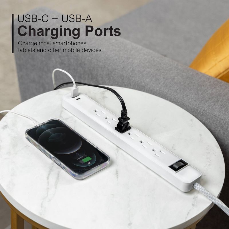 slide 6 of 6, General Electric GE 6-Outlet Power Strip 1 USB-A 1 USB-C 15W Shared 6' Braided Cord White: Lifetime Warranty, 14 AWG, 3.6 Amps, 1 ct