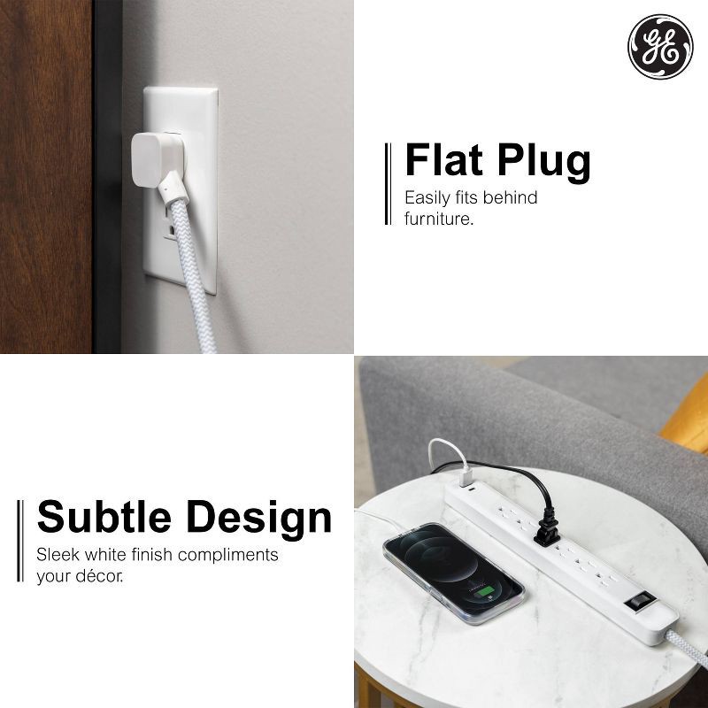 slide 2 of 6, General Electric GE 6-Outlet Power Strip 1 USB-A 1 USB-C 15W Shared 6' Braided Cord White: Lifetime Warranty, 14 AWG, 3.6 Amps, 1 ct