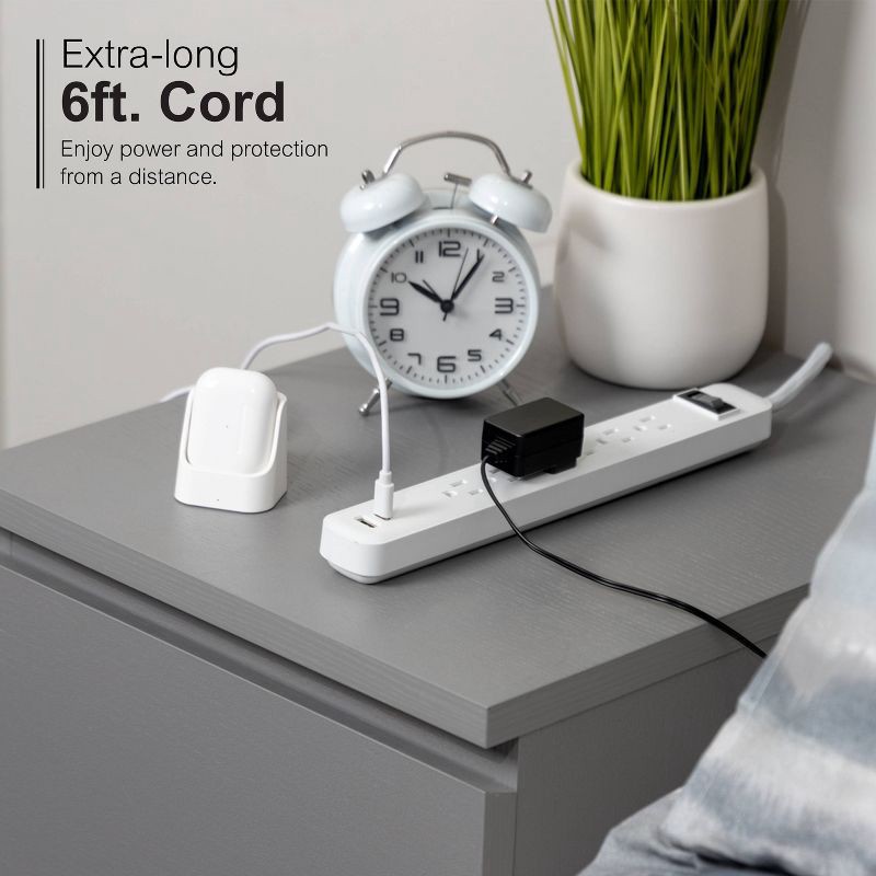 slide 3 of 6, General Electric GE 6-Outlet Power Strip 1 USB-A 1 USB-C 15W Shared 6' Braided Cord White: Lifetime Warranty, 14 AWG, 3.6 Amps, 1 ct