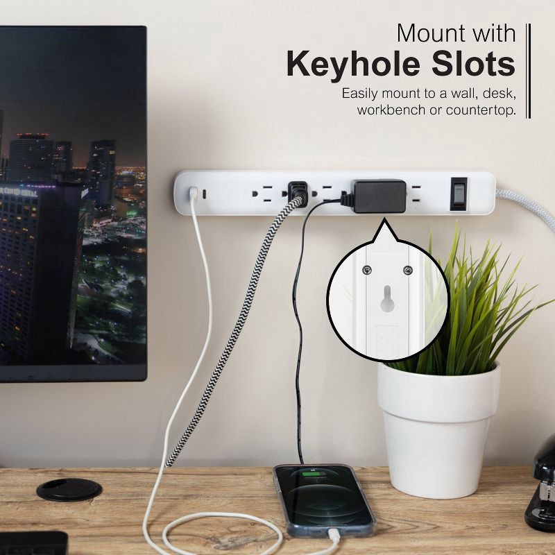 slide 4 of 6, General Electric GE 6-Outlet Power Strip 1 USB-A 1 USB-C 15W Shared 6' Braided Cord White: Lifetime Warranty, 14 AWG, 3.6 Amps, 1 ct